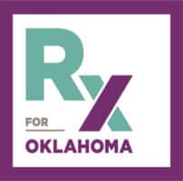 A purple and green logo with the words Rx for Oklahoma on a white background
